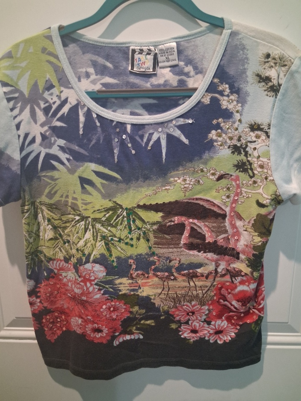 STUNNING TAKE TWO SEQUIN-EMBELLISHED TROPICAL FLAMINGO TOP!
